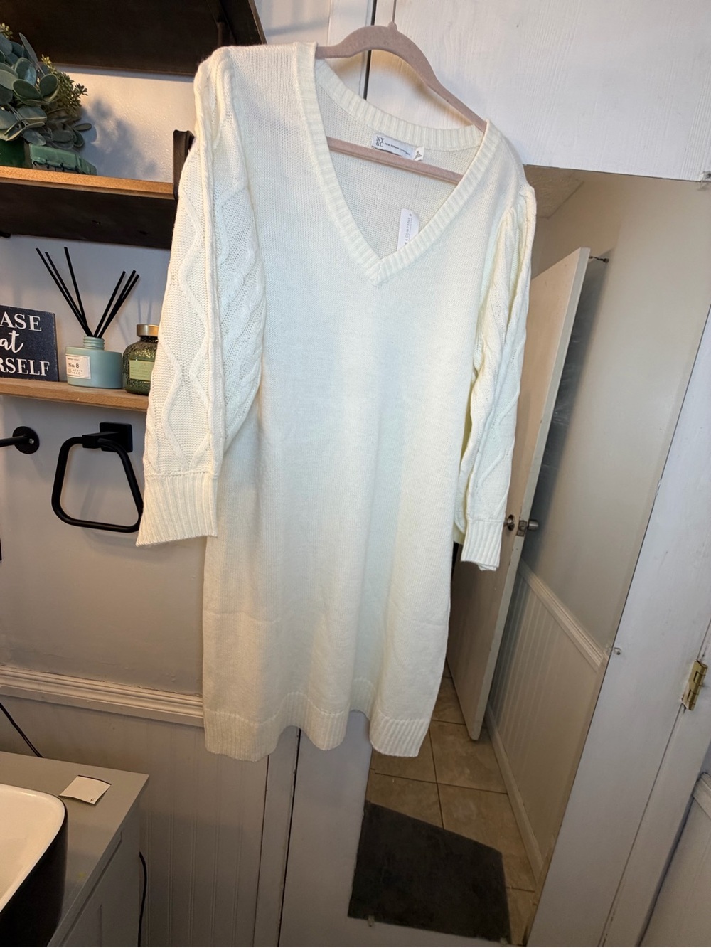 New York & Company Cream V-Neck Cable-Sleeve Sweater Dress